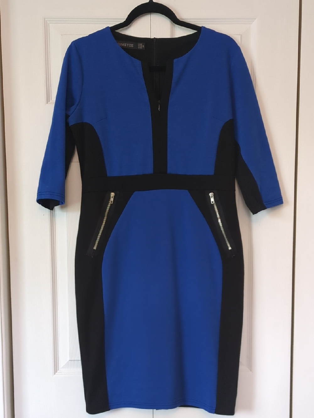 Long Sleeve Colorblock Sheath Dress with Faux Zip Pocket Detail